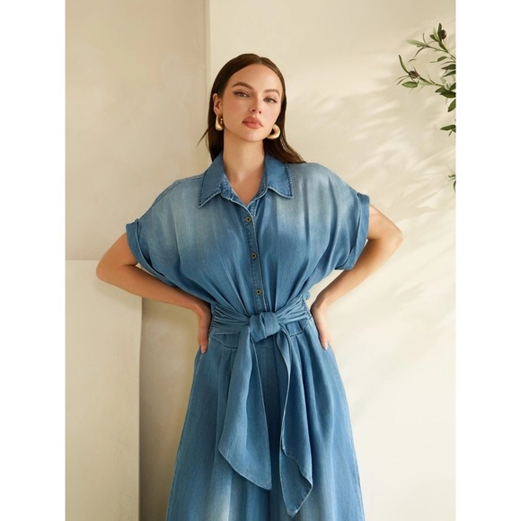Denim Short Sleeve Button Down Wrap Waist Wide Leg Jumpsuit - Picture 5 of 5